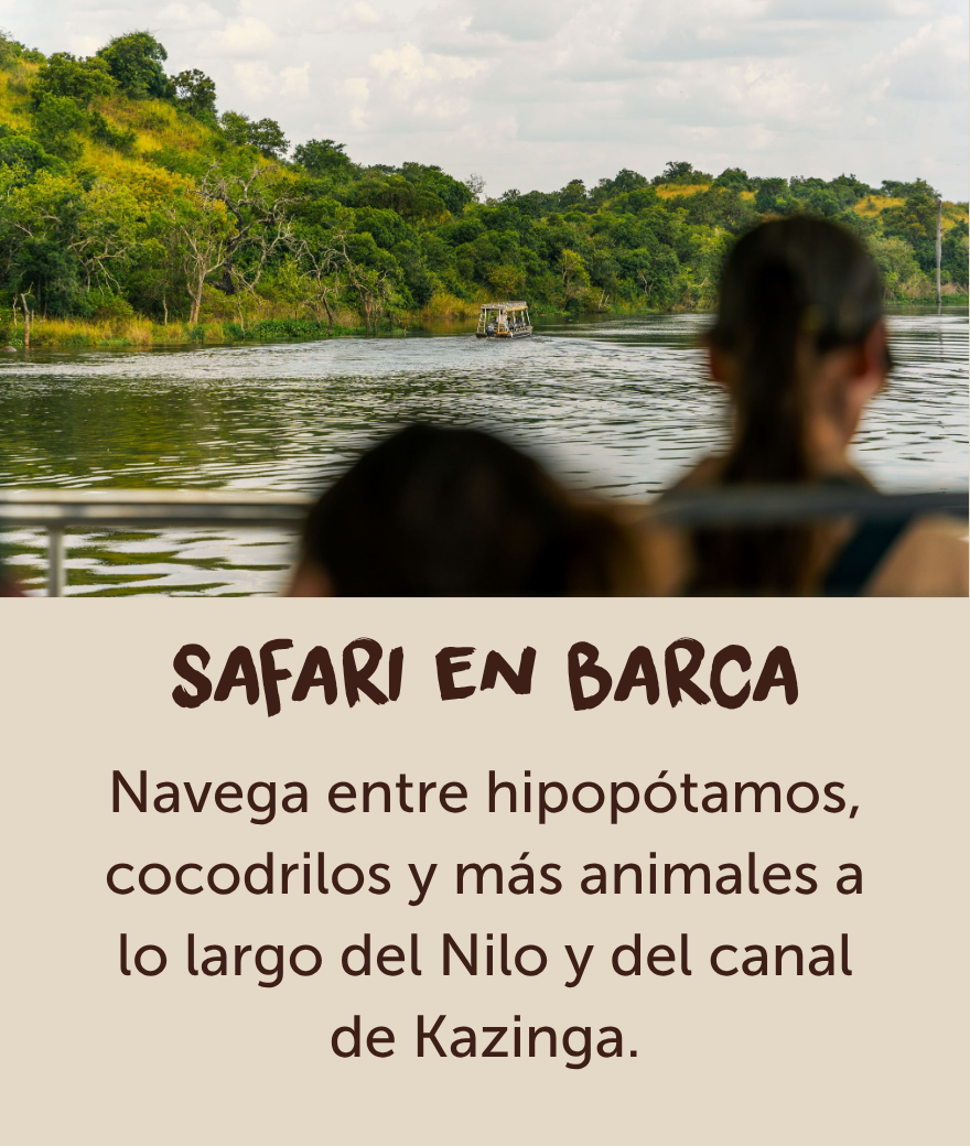 Viajeros que disfrutan de un safari en barco por un curso de agua repleto de fauna salvaje en Uganda.